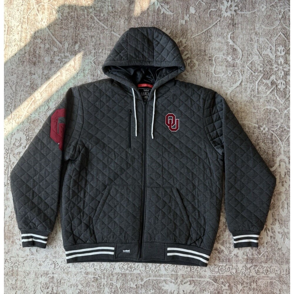 Franchise Club Oklahoma Sooners OU Quilted Full Zip Hooded Jacket Gray/Red 3XL
